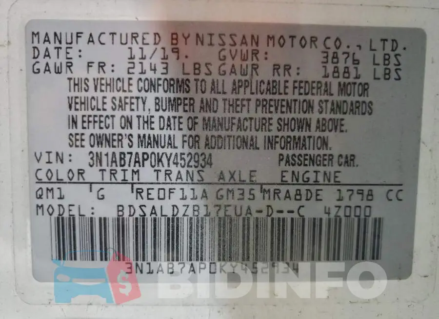 3N1AB7AP0KY452934 Photo# 13
