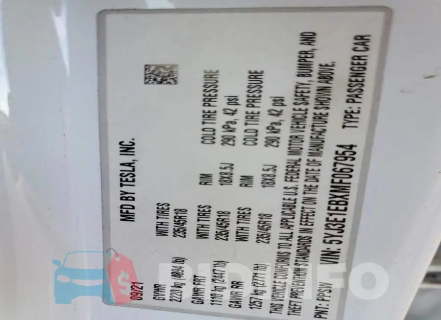 5YJ3E1EBXMF067954 Photo# 12