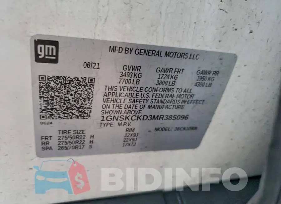 1GNSKCKD3MR385096 Photo# 13