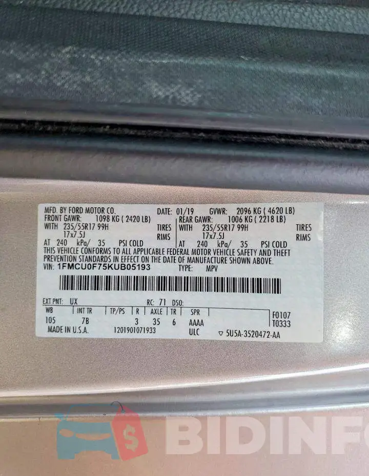 1FMCU0F75KUB05193 Photo# 14