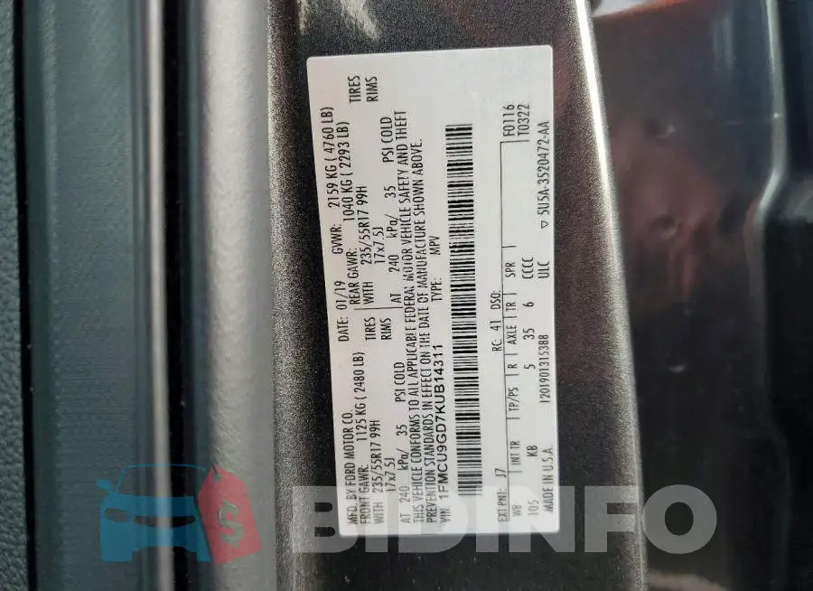 1FMCU9GD7KUB14311 Photo# 12