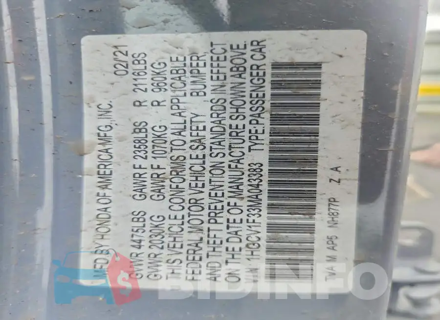 1HGCV1F33MA043383 Photo# 12