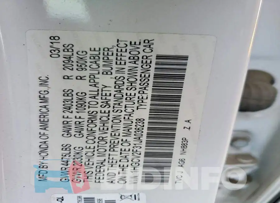 1HGCV2F31JA036238 Photo# 12
