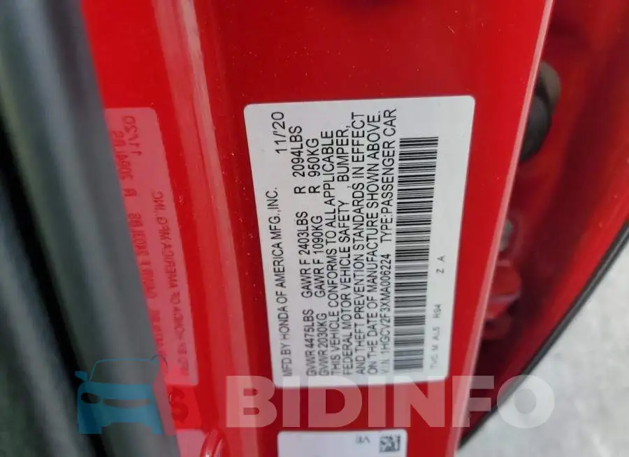 1HGCV2F3XMA006224 Photo# 12