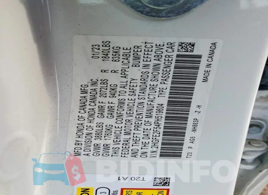 2HGFE2F54PH519604 Photo# 12