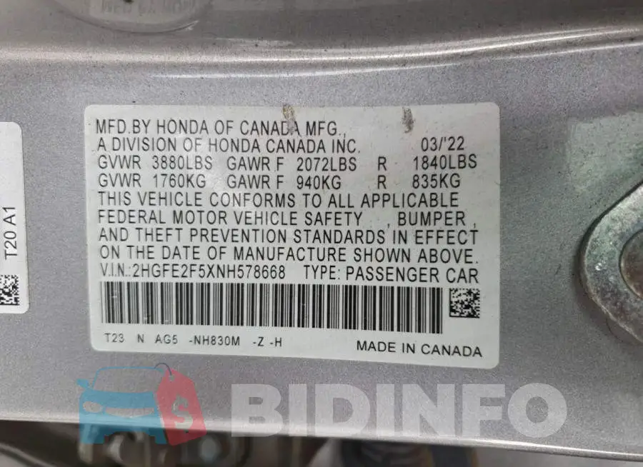 2HGFE2F5XNH578668 Photo# 12