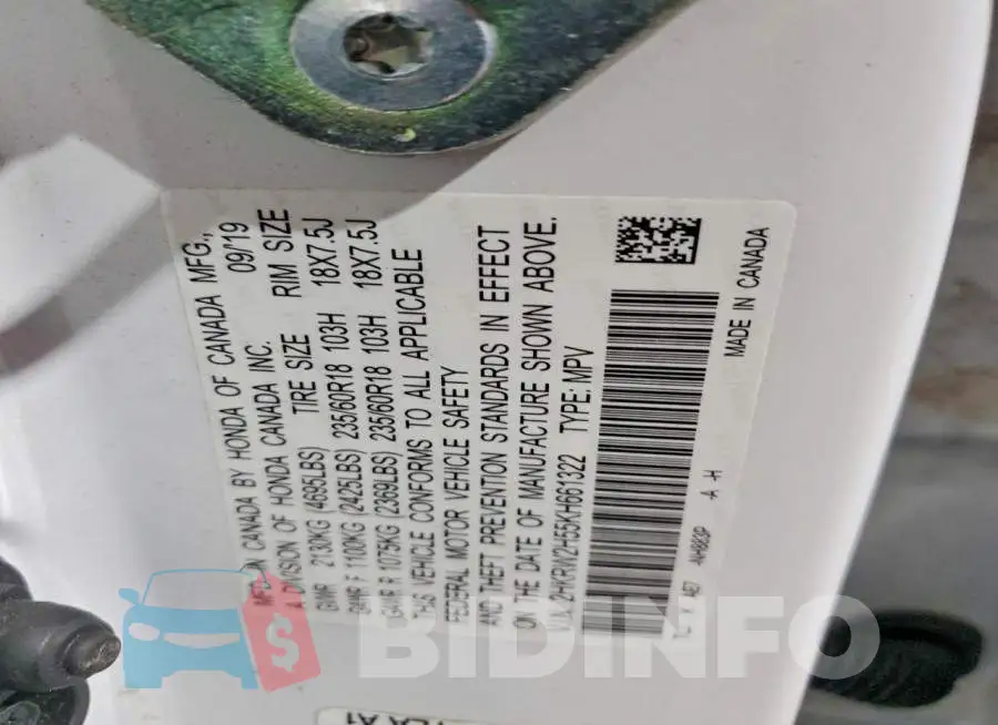 2HKRW2H55KH661322 Photo# 13