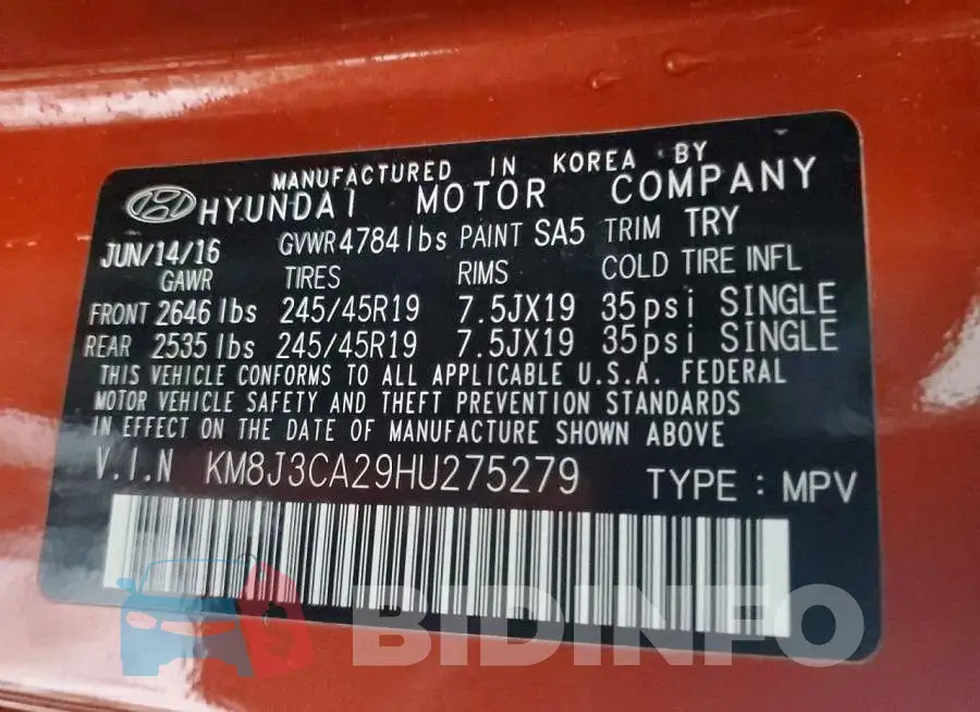 KM8J3CA29HU275279 Photo# 13
