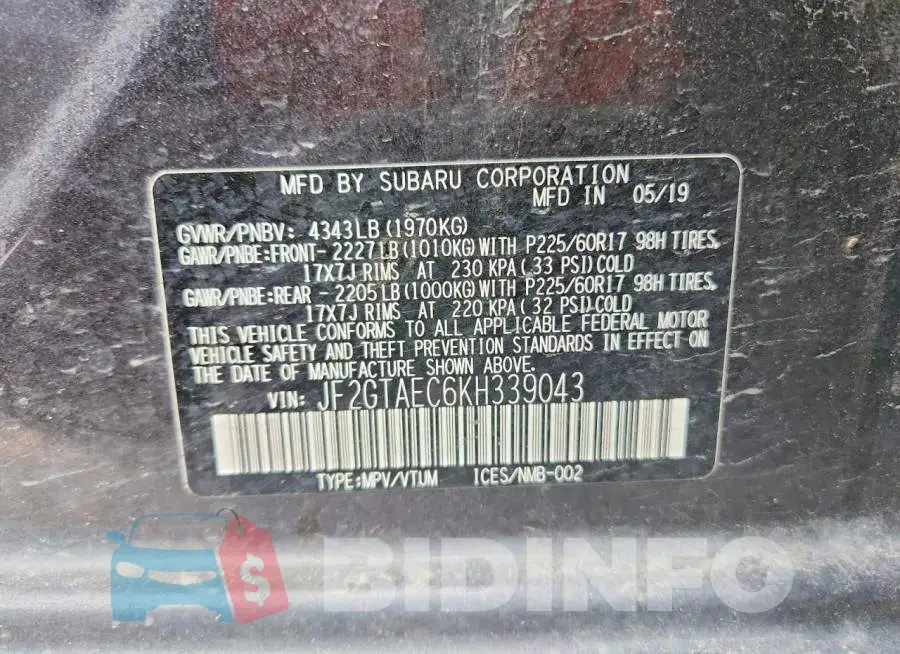 JF2GTAEC6KH339043 Photo# 13