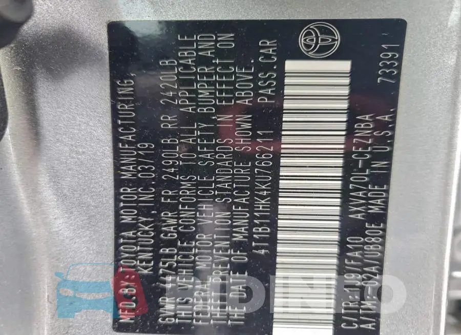 4T1B11HK4KU766211 Photo# 13
