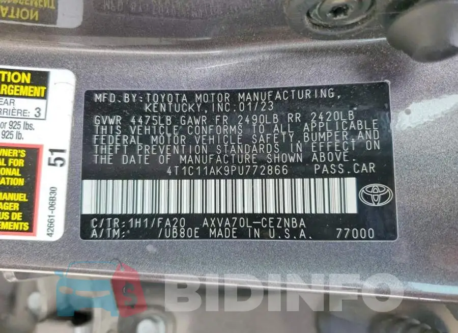 4T1C11AK9PU772866 Photo# 12