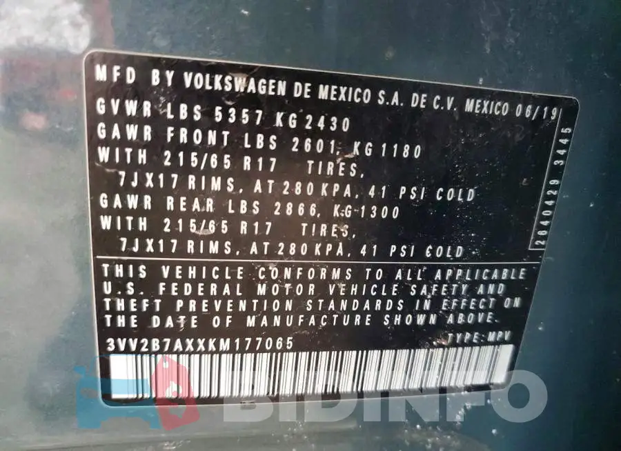 3VV2B7AXXKM177065 Photo# 13