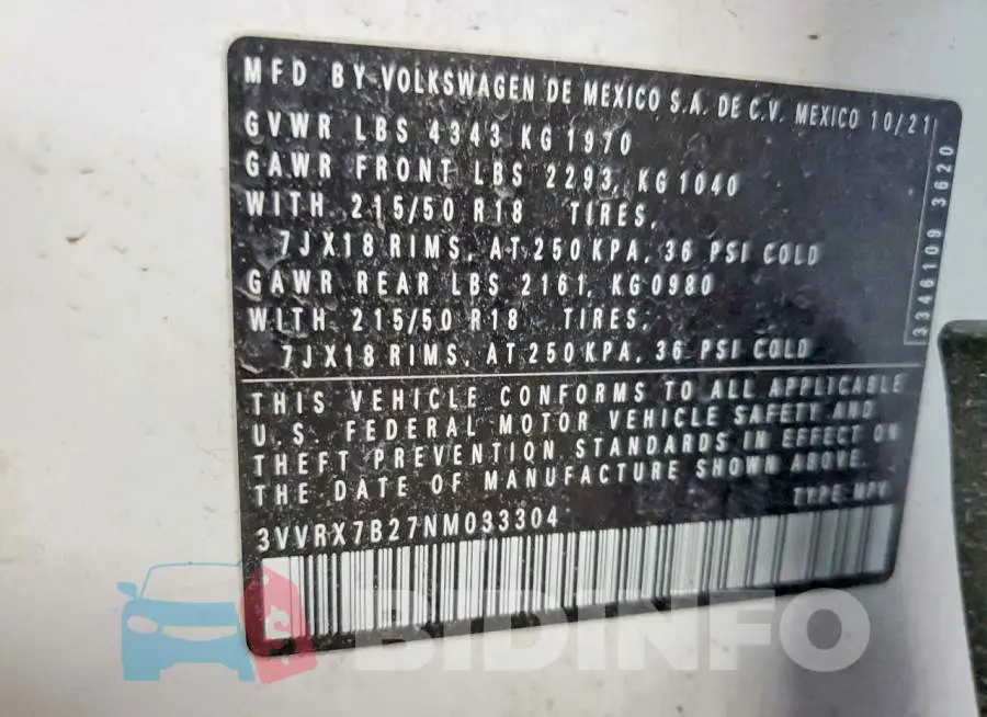 3VVRX7B27NM033304 Photo# 12