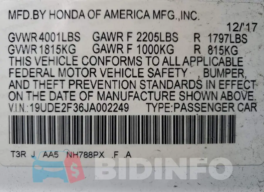 19UDE2F36JA002249 Photo# 13