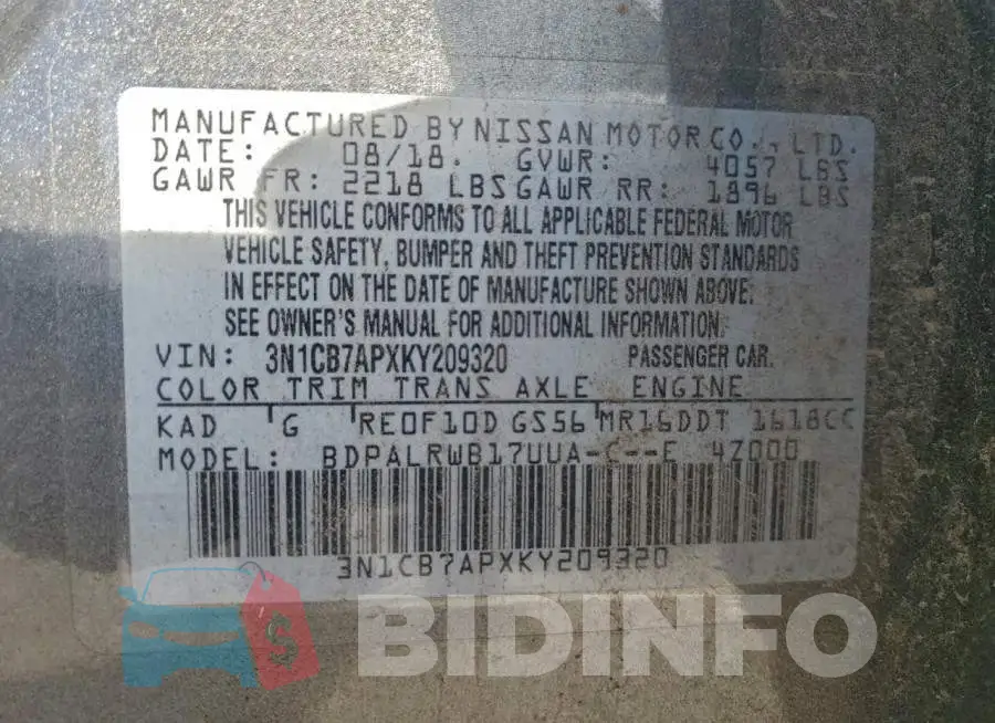 3N1CB7APXKY209320 Photo# 12