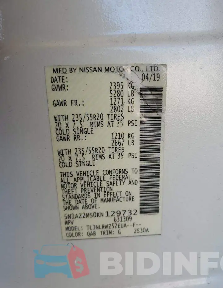 5N1AZ2MS0KN129732 Photo# 13