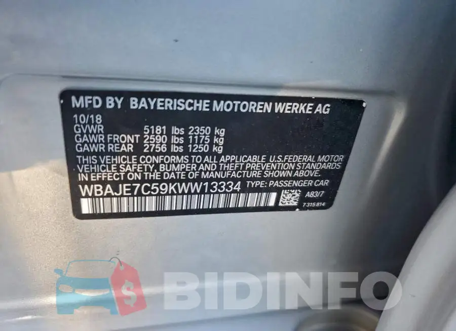 WBAJE7C59KWW13334 Photo# 12
