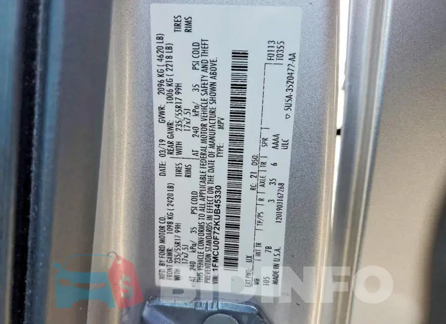 1FMCU0F72KUB45330 Photo# 13