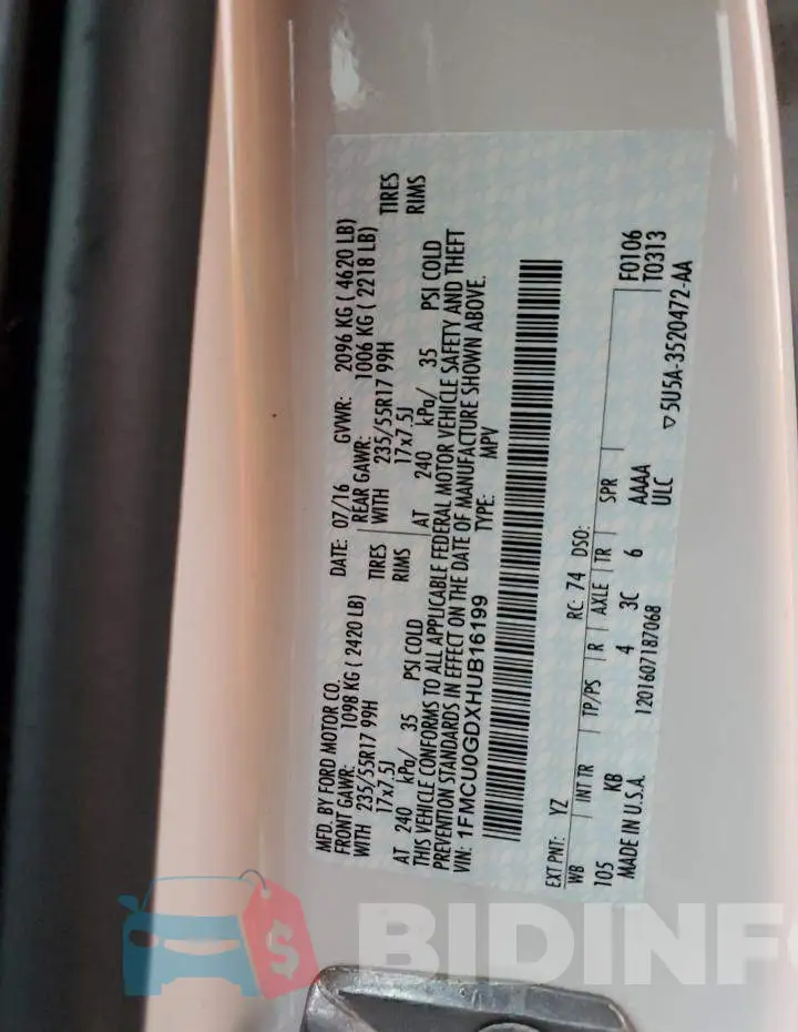 1FMCU0GDXHUB16199 Photo# 14