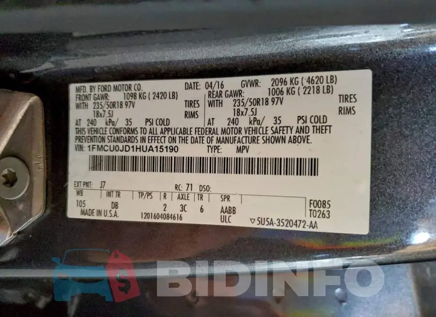 1FMCU0JD1HUA15190 Photo# 14