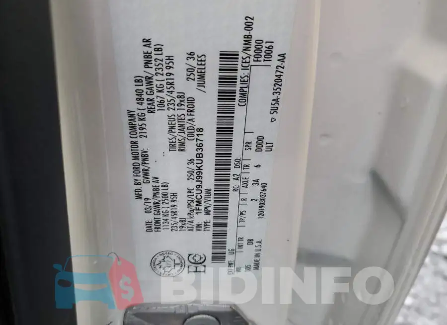 1FMCU9J99KUB36718 Photo# 14