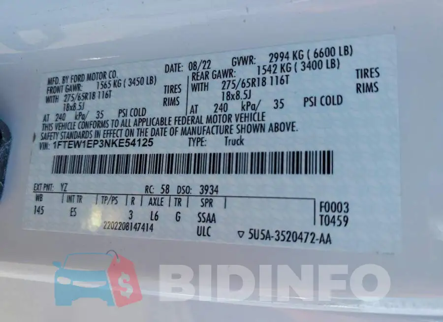 1FTEW1EP3NKE54125 Photo# 13