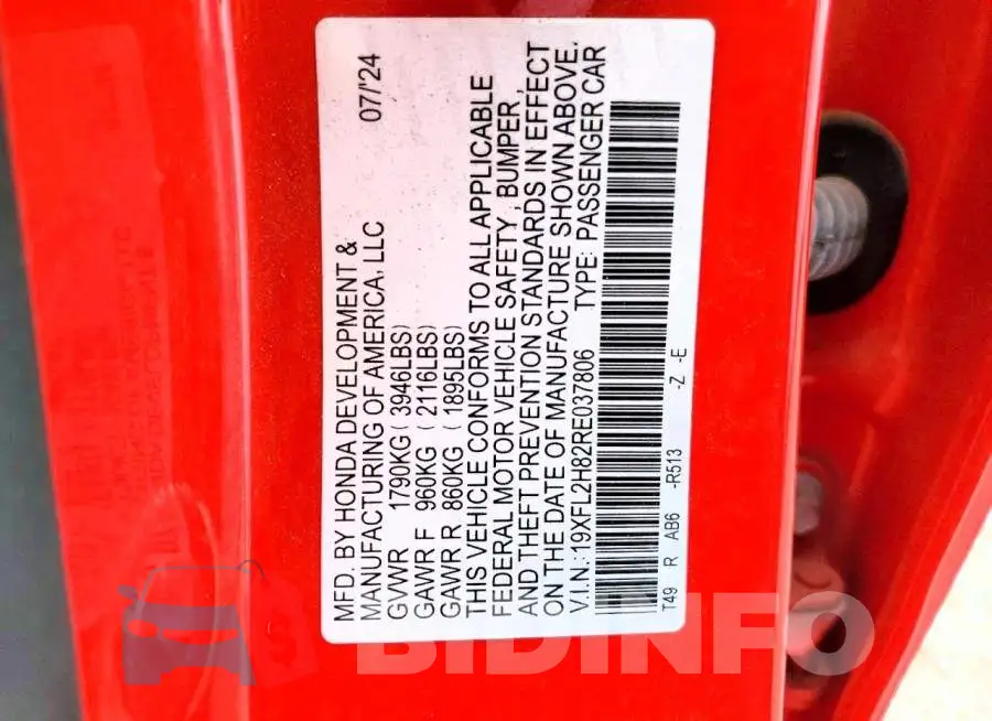 19XFL2H82RE037806 Photo# 12