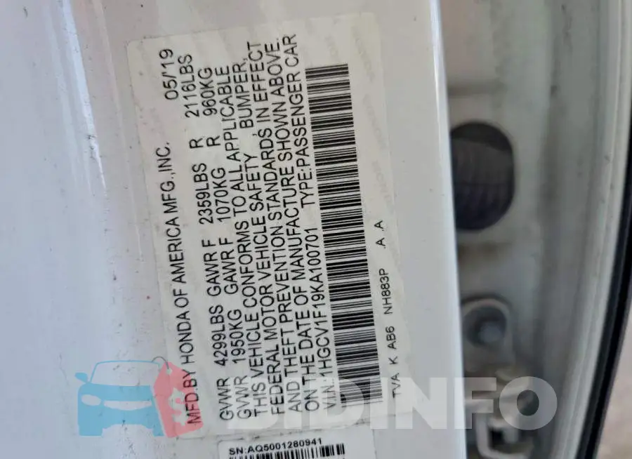 1HGCV1F19KA100701 Photo# 12