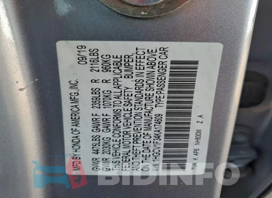 1HGCV1F34KA174609 Photo# 12