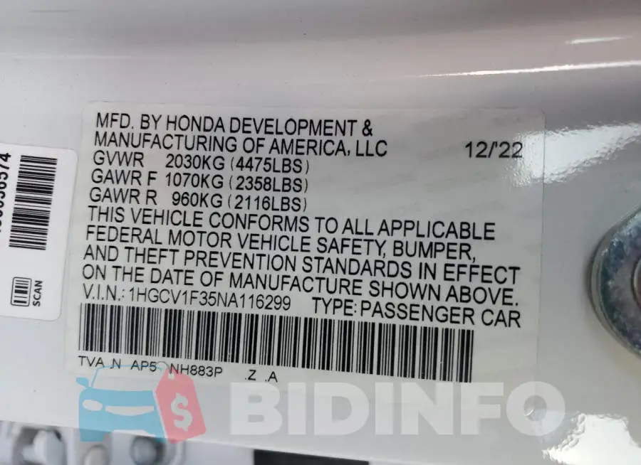 1HGCV1F35NA116299 Photo# 12