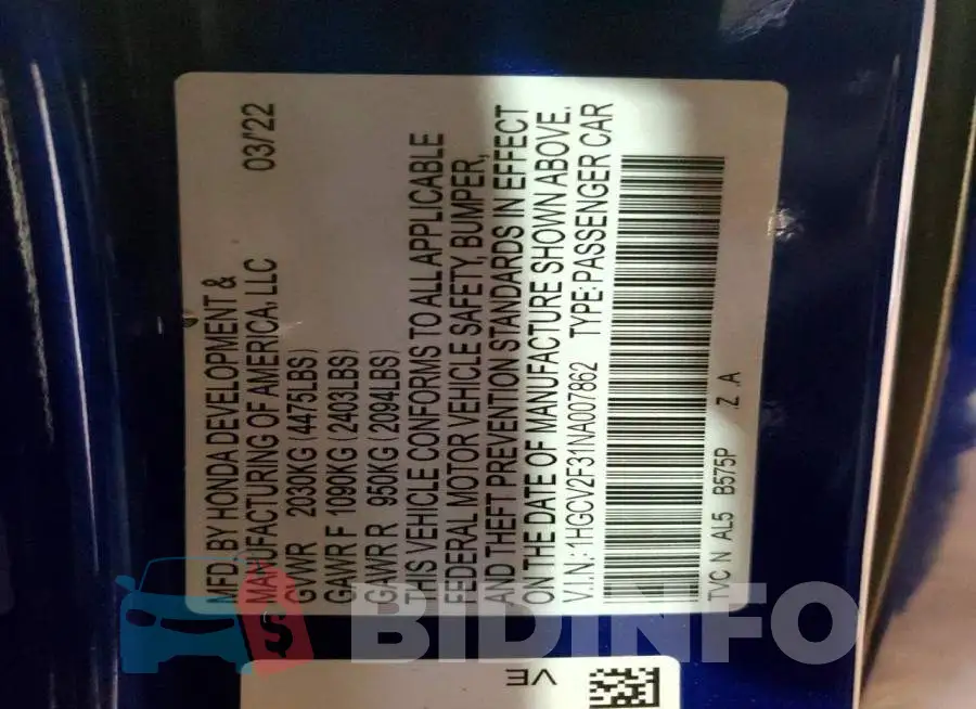 1HGCV2F31NA007862 Photo# 12