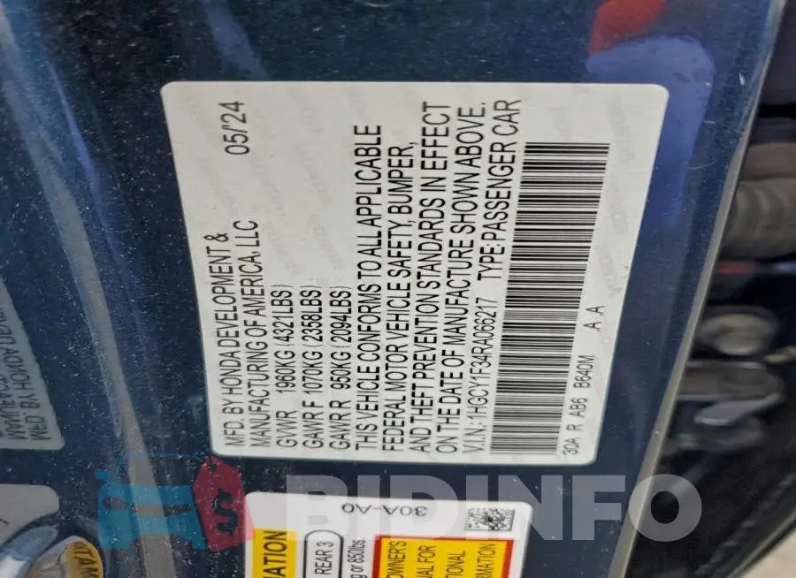 1HGCY1F34RA066217 Photo# 12