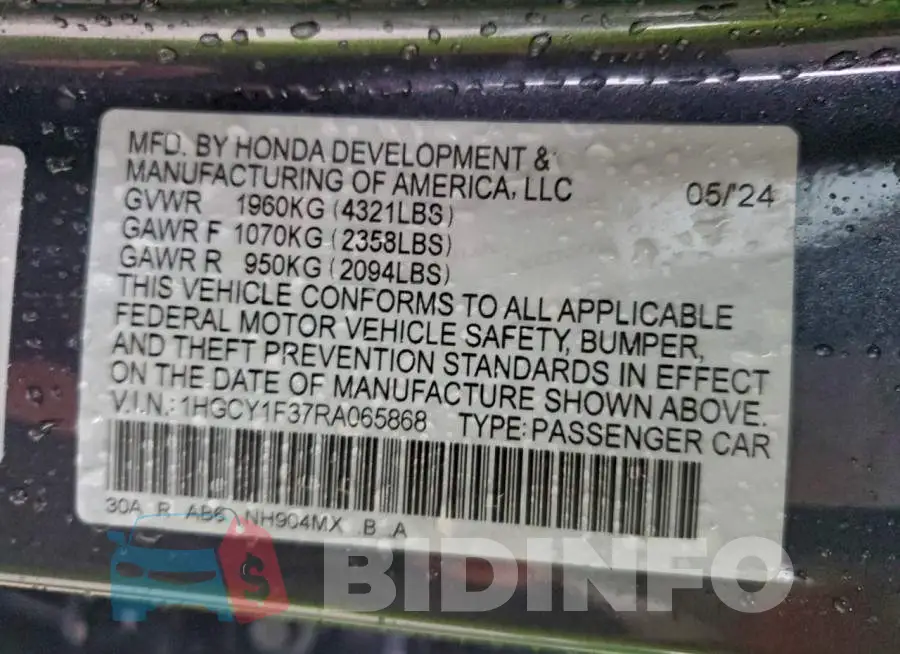 1HGCY1F37RA065868 Photo# 13