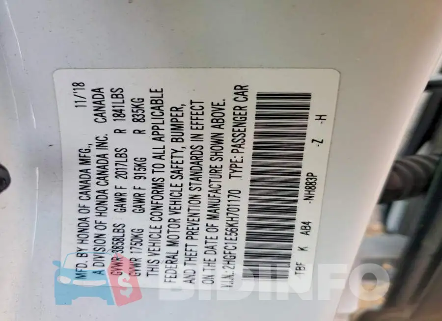 2HGFC1E56KH701170 Photo# 12