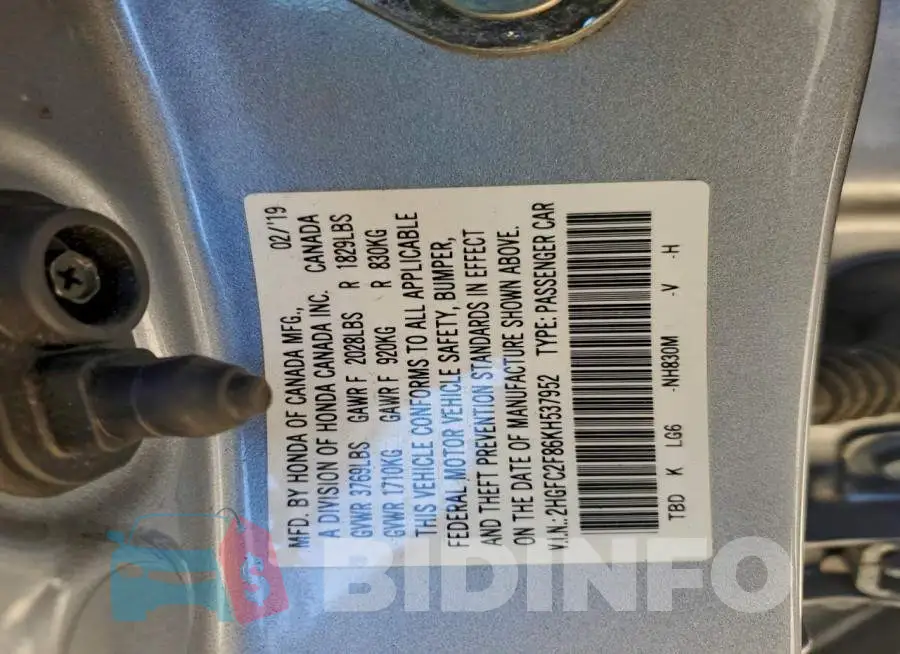2HGFC2F86KH537952 Photo# 13