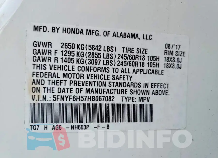 5FNYF6H57HB067082 Photo# 14
