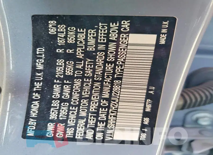 SHHFK7H2XJU228818 Photo# 12