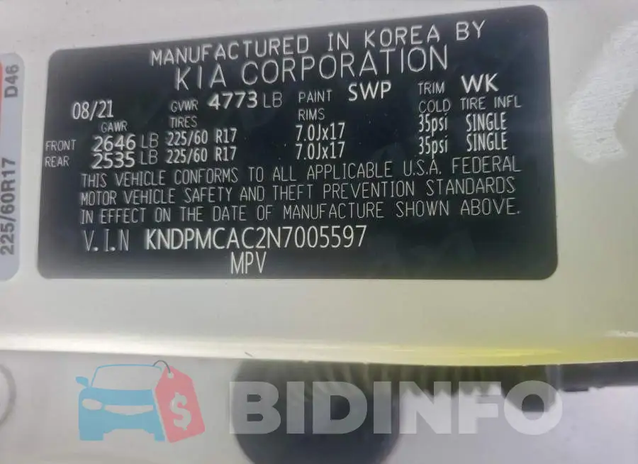 KNDPMCAC2N7005597 Photo# 13