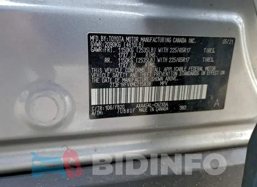 2T3F1RFVXMC215838 Photo# 13