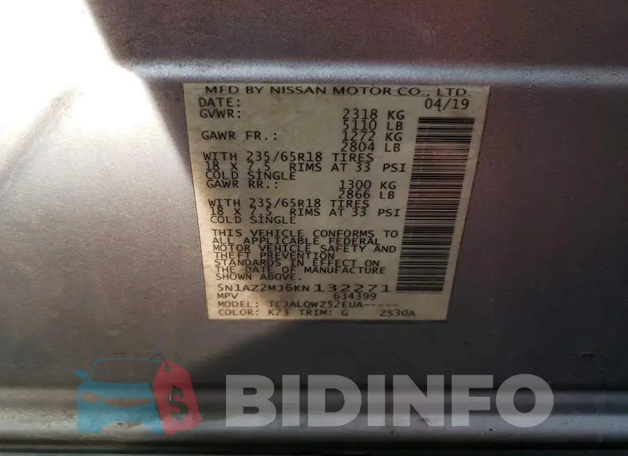 5N1AZ2MJ6KN132271 Photo# 13