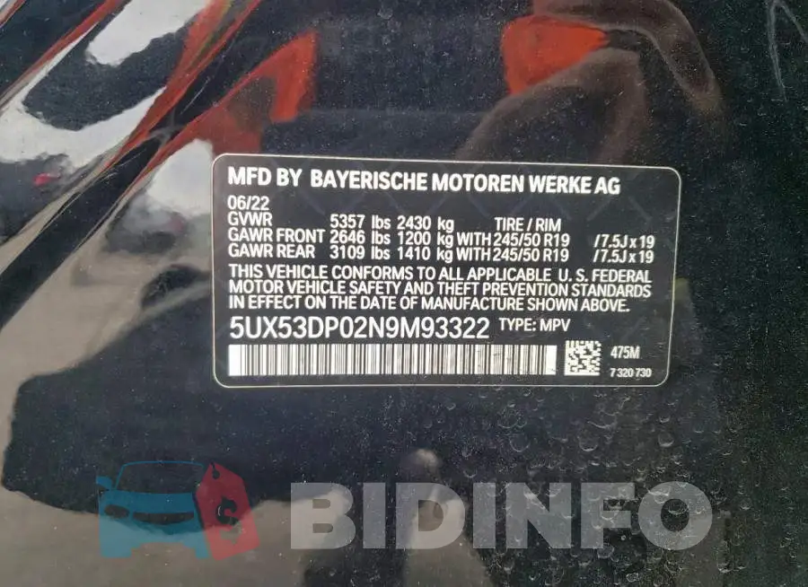 5UX53DP02N9M93322 Photo# 13
