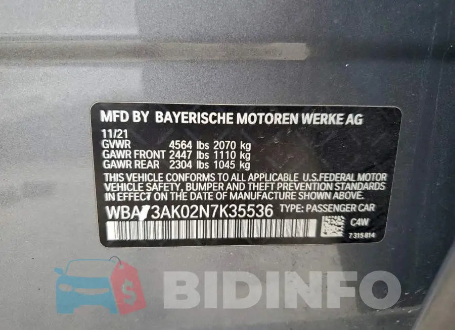 WBA73AK02N7K35536 Photo# 12