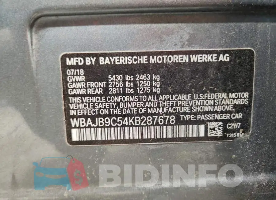WBAJB9C54KB287678 Photo# 12