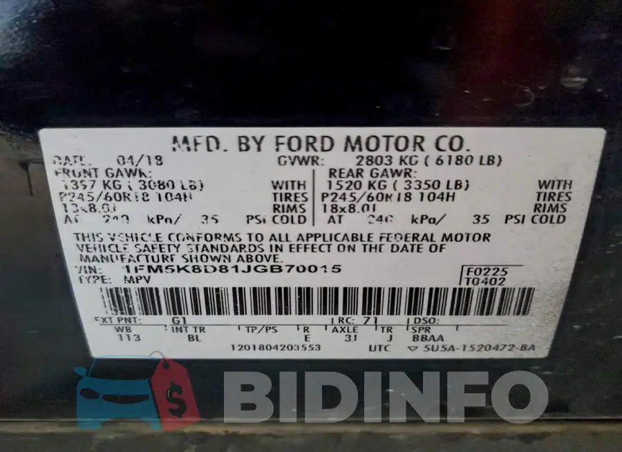 1FM5K8D81JGB70015 Photo# 14