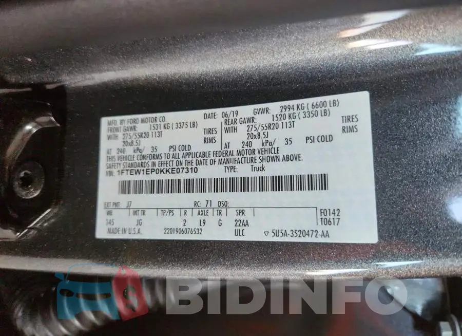 1FTEW1EP0KKE07310 Photo# 12
