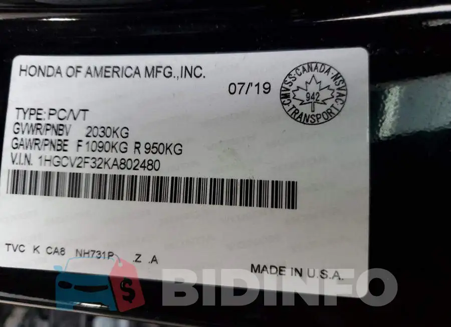 1HGCV2F32KA802480 Photo# 12