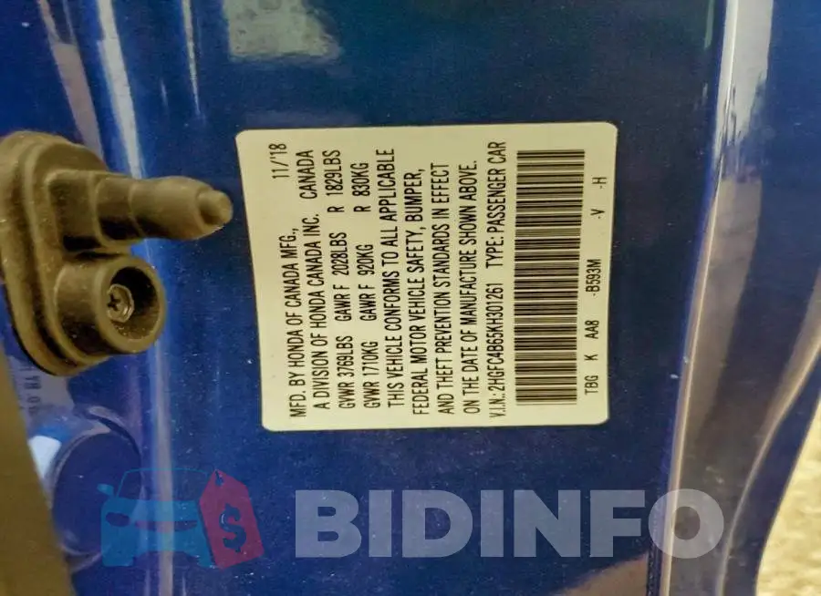2HGFC4B65KH301261 Photo# 12