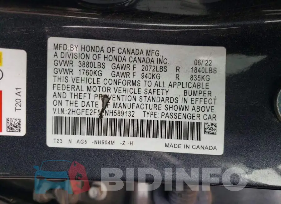 2HGFE2F52NH589132 Photo# 12