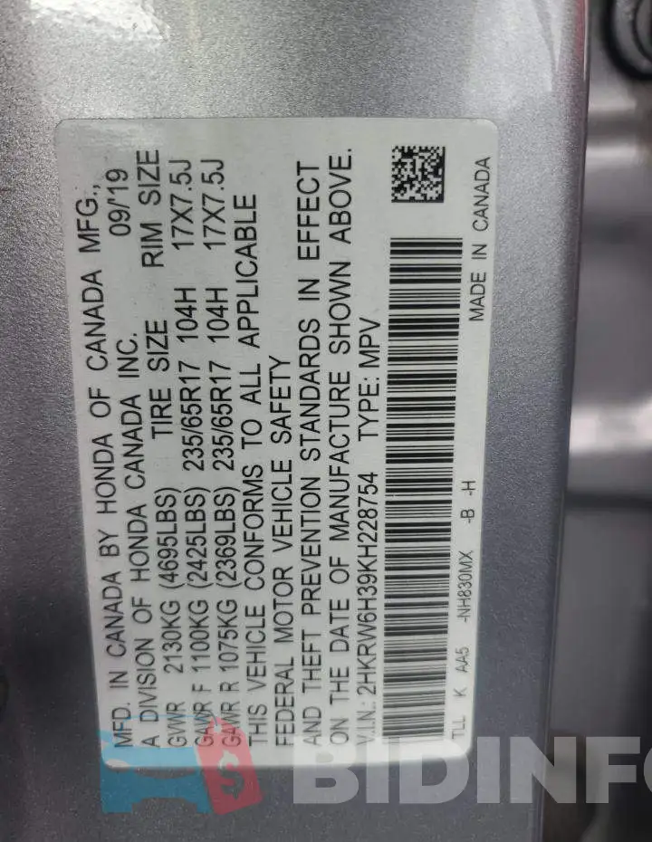 2HKRW6H39KH228754 Photo# 14