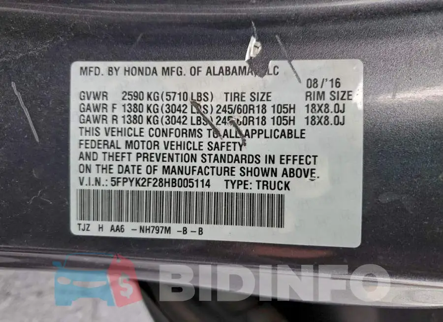 5FPYK2F28HB005114 Photo# 12